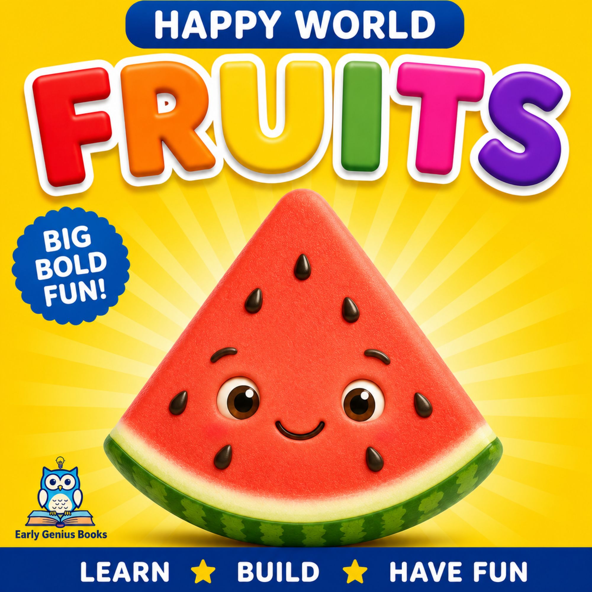 Happy World fruits toddler learning book cover with friendly fruit characters