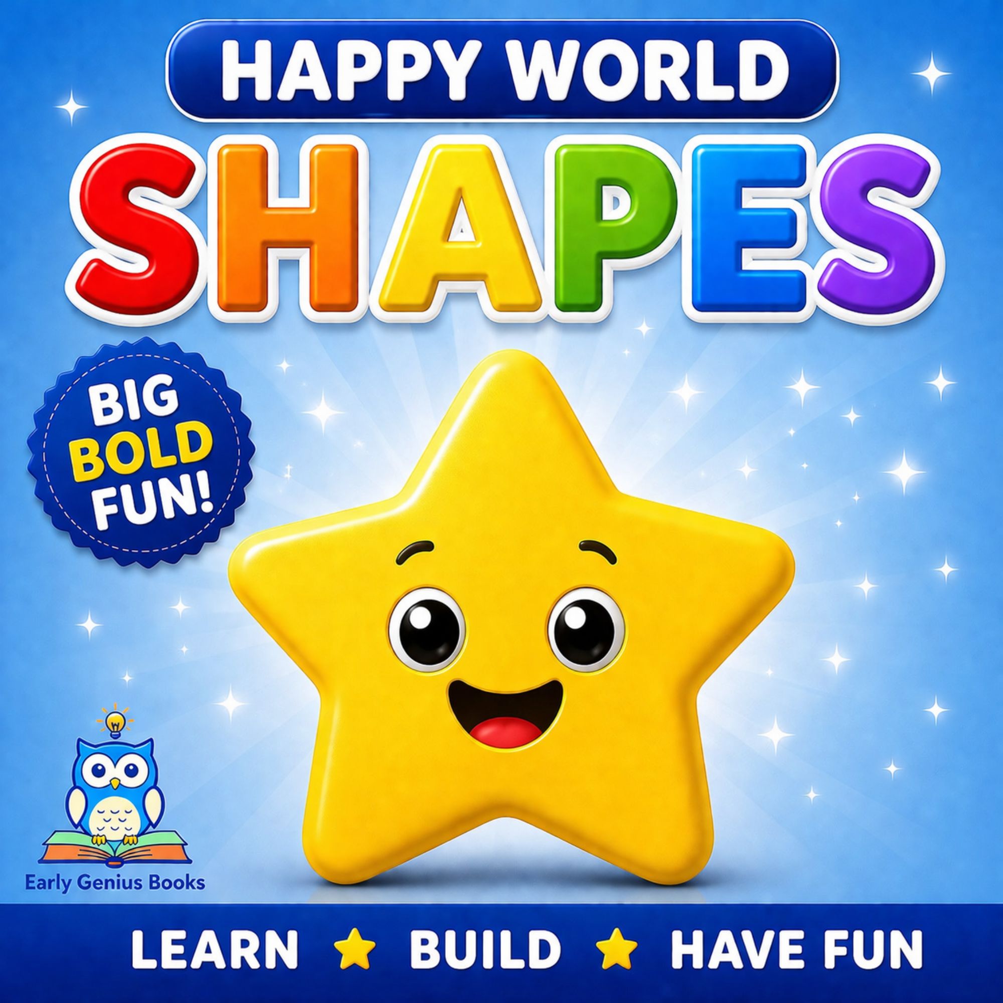 Happy World shapes toddler learning book cover with friendly shape characters