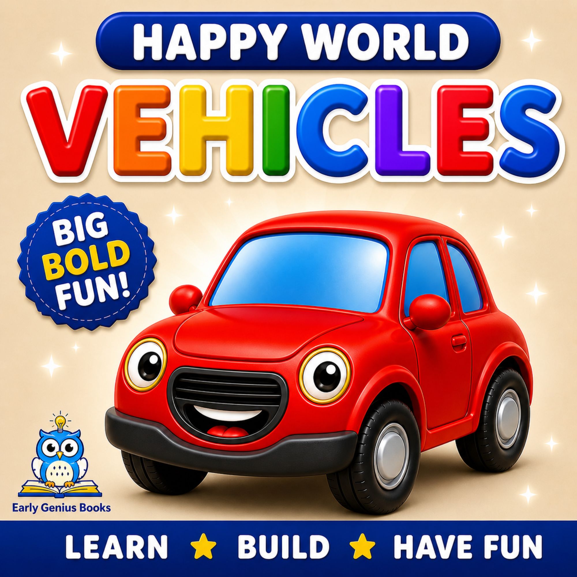 Happy World vehicles toddler learning book cover with friendly vehicle characters